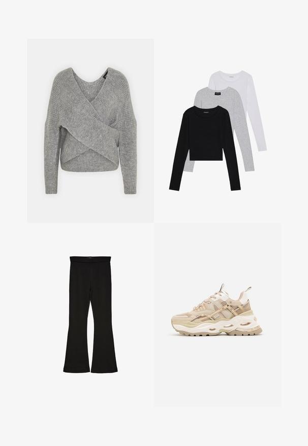 Hallide hallhargus, sügava V-kaelusega, pikkade varrukatega ja ribatrepiga. Valmistatud pehmest kudumismetallist, millel on kihiline, asümmeetriline disain.; Kolm pikkade varrukatega toppi, mis on üksteise peale asetatud: must, hall ja valge. Igal ühel on ümar kaelus ja lühike disain, valmistatud siledast, kergekaalulisest kangast.; Mustad mustad sääred, mis on valmistatud venivast kangast. Omab laia vööd ja siledat tekstuuri, sobituv siluett, mis laieneb allservas.; Bež tossud, millel on paks valge tald, võrgupaneelid ja õhukesed beezid triibud. Omab pehmendustega krae ja tekstuuriaktsente üle kogu.