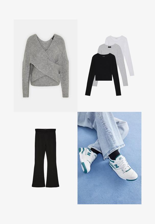 Sivý cardigan s hlbokým V- výstrihom, dlhými rukávmi a rebrovanou textúrou. Vyrobený z mäkkého pleteného materiálu s viacvrstvovým, asymetrickým dizajnom.; Tričko s dlhým rukávom v troch farbách: čiernej, sivej a bielej. Každé má okrúhly výstrih a skrátený strih vyrobený z hladkej, ľahkej tkaniny.; Čierne legíny s flared strihom vyrobené z elastického materiálu. Majú široký pás a hladkú textúru, s priliehavým siluetom, ktorý sa na okraji rozširuje.; Biele tenisky s zelenými akcentmi, ktoré majú textúrovaný zvršok, šnurovanie a výrazné logo. Nosené s svetlomodrými džínsami na modrom povrchu.