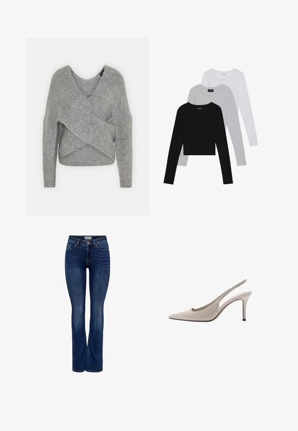 Maglione avvolgente grigio con scollatura a V profonda, maniche lunghe e texture a coste. Realizzato in un morbido materiale in maglia con un design asimmetrico a strati.; Tre magliette a maniche lunghe impilate: nera, grigia e bianca. Ognuna ha un colletto rotondo e un design accorciato con tessuto morbido e leggero.; Jeans in denim blu scuro con leggera scoloritura, design a cinque tasche, chiusura con bottone e gamba a zampa di elefante, etichettati "ONLY" sulla cintura.; Mango Decolleté - grey