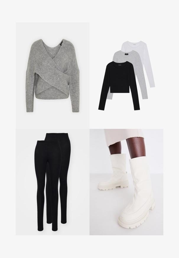 Gray wrap sweater with a deep V-neck, long sleeves, and ribbed texture. Made from a soft knit material with a layered, asymmetrical design.; Three long-sleeve tops stacked: black, grey, and white. Each has a round neckline and a cropped design with smooth, lightweight fabric.; Black leggings in a smooth, stretchy fabric with a high waistband. Features a fitted silhouette and ankle-length design. Two pairs displayed.; White ankle boots with a soft, textured finish, featuring a chunky rubber sole and a sculpted shape for modern design.