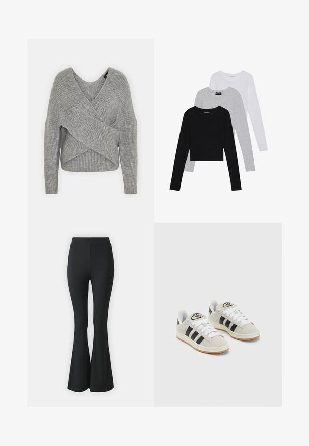 Grijze wikkeltrui met een diepe V-hals, lange mouwen en ribbelstructuur. Gemaakt van een zachte gebreide stof met een gelaagd, asymmetrisch ontwerp.; Drie langmouwige tops gestapeld: zwart, grijs en wit. Elke top heeft een ronde halslijn en een cropped ontwerp van soepel, lichtgewicht materiaal.; Zwarte flared broeken van rekbare stof. Heeft een hoge tailleband en een gladde, aansluitende pasvorm die vanaf de knie uitloopt.; Grijze nubucklederen sneakers met witte veters, zwarte strepen en een witte rubberen zool. Bevat een rond logo op de tong en een gumzool.