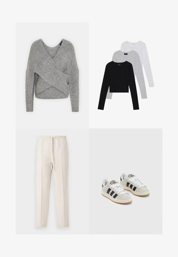 Suéter gris envolvente con un profundo escote en V, mangas largas y textura acanalada. Fabricado con un material de punto suave y un diseño asimétrico en capas.; Tres camisetas de manga larga apiladas: negra, gris y blanca. Cada una tiene un escote redondo y un diseño recortado con una tela suave y ligera.; Pantalones jogger beige con cintura elástica y cordón, que presentan una textura suave y dos pliegues frontales para un aspecto elegante.; Zapatillas de ante gris con cordones blancos, rayas negras y suela de goma blanca. Presentan un logo circular en la lengüeta y una suela de goma.