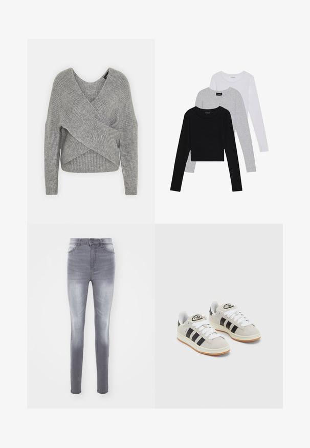 Suéter cinza envolvente com um decote em V profundo, mangas longas e textura canelada. Feito de um material de malha suave com um design assimétrico em camadas.; Três camisetas de manga longa empilhadas: preta, cinza e branca. Cada uma tem um decote redondo e um design cropped, feitas de um tecido leve e suave.; Jeans skinny em denim cinza desbotado, com uma altura elevada, design padrão de cinco bolsos e leve desgaste na parte da frente.; Tênis de camurça cinza com atacadores brancos, riscas pretas e uma sola de borracha branca. Apresenta um logótipo circular na língua e uma sola de borracha.