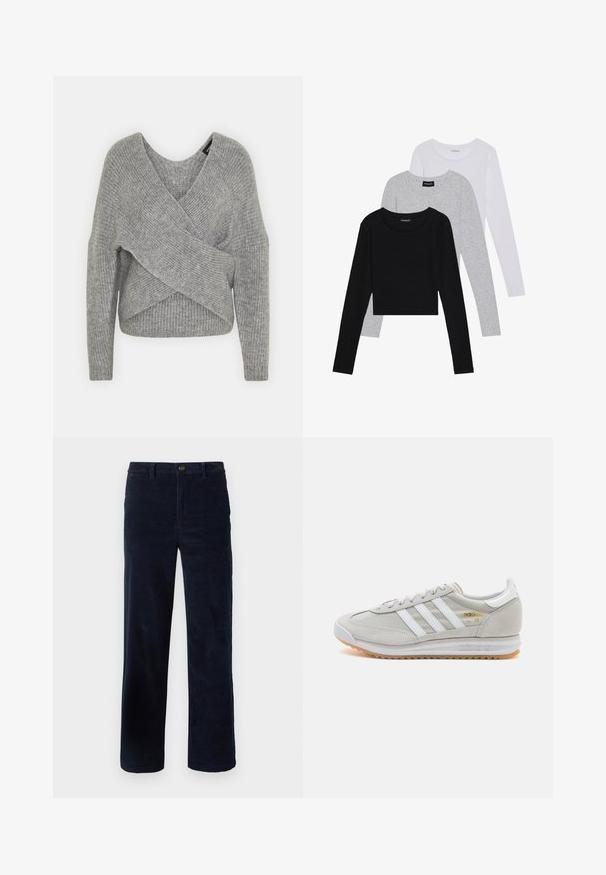 Harmaa neulejakku, jossa on syvä V-kaula-aukko, pitkät hihat ja ribboitu pinta. Valmistettu pehmeästä neuloksesta, jossa on kerroksellinen ja epäsymmetrinen muotoilu.; Kolme pitkähihasta paita päällekkäin: musta, harmaa ja valkoinen. Jokaisessa on pyöreä pääntie ja lyhennetty muotoilu, jossa on sileä ja kevyt kangas.; Laivastonsiniset corduroy-housut suorin lahkein, joissa on nappisuljenta ja teksturoitu kangas. Ei näkyviä kuvioita tai koristeita.; Vaaleanharmaat sneakerit, jotka on valmistettu mokasta ja verkosta, sisältäen kolme valkoista raitaa, pyöreän kärjen ja kumisen pohjan. Kultainen logo yksityiskohta nauhojen läheisyydessä.
