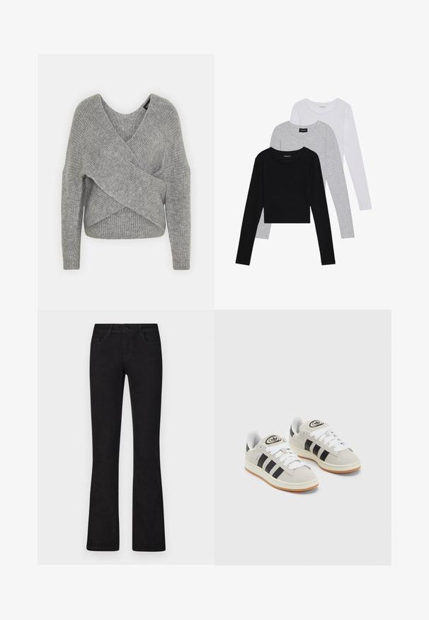 Szary sweter o luźnym kroju z głębokim dekoltem w kształcie litery V, długimi rękawami i prążkowaną teksturą. Wykonany z miękkiego materiału dzianinowego z warstwowym, asymetrycznym wzorem.; Trzy bluzki z długim rękawem ułożone jedna na drugiej: czarna, szara i biała. Każda z okrągłym dekoltem i skróconym fasonem, wykonana z gładkiego, lekkiego materiału.; Czarne dżinsy w kształcie dzwonu wykonane z denimu, z klasycznym pięciopocketowym wzorem, zapięciem na guzik z przodu oraz subtelnymi detalami w stichingu.; Szare zamszowe trampki z białymi sznurówkami, czarnymi paskami i białą gumową podeszwą. Posiadają okrągłe logo na języku oraz gumową podeszwę.
