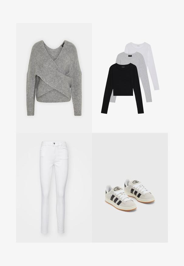 Hallide hallhargus, sügava V-kaelusega, pikkade varrukatega ja ribatrepiga. Valmistatud pehmest kudumismetallist, millel on kihiline, asümmeetriline disain.; Kolm pikkade varrukatega toppi, mis on üksteise peale asetatud: must, hall ja valge. Igal ühel on ümar kaelus ja lühike disain, valmistatud siledast, kergekaalulisest kangast.; Valged kitsad teksad, mis on valmistatud denimist, esitades esisäsi kinnituse, viis taskut ja sujuva tekstuuri kogu kangas.; Hallid hallid nahkrennid valgete paeltega, mustade triipudega ja valge kummitaldiga. Omab ümmargust logo keeles ja kummitalda.