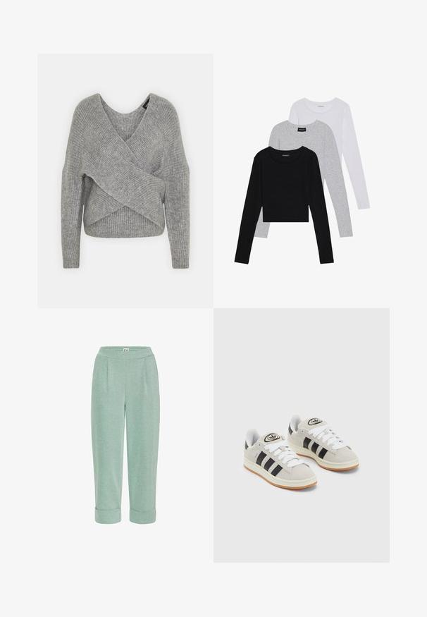 Siva ovitek pulover z globokim V-izrezom, dolgimi rokavi in ribasto teksturo. Narejen iz mehke pletene tkanine z plastnim, asimetričnim dizajnom.; Tri dolga rokava zložena: črna, siva in bela. Vsaka ima okroglo izreznico in skrajšan dizajn z gladkim, lahkotnim materialom.; Svetlo zelene skrajšane hlače z mehkimi teksturami, ki imajo zavihan rob in sprednje nabore, zasnovane za udobje in sproščeno nošenje.; Sive športne čevlje iz semiša z belimi vezalkami, črnimi črtami in belim gumijastim podplatom. Imajo okroglo oznako na ježku in podplat iz gume.