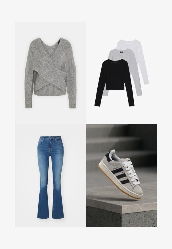 Siva omotana vestica s dubokim V-izrezom, dugim rukavima i rebrastom teksturom. Izrađena od mekog pletenog materijala s slojevitim, asimetričnim dizajnom.; Tri dugih rukava posložena: crna, siva i bijela. Svaka ima okrugli izrez i skrateni kroj s glatkom, laganom tkaninom.; Traperice s visokim strukom i flared krojem u svijetloplavom denimu, s glatkom teksturom, zatvaranjem na zip i gumbe te dva prednja džepa.; Siva Adidas Campus tenisica s crnim prugama i bijelim vezicama lebdi iznad betonskog ruba s ljestvama u pozadini.