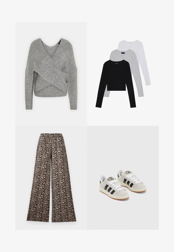 Maglione avvolgente grigio con scollatura a V profonda, maniche lunghe e texture a coste. Realizzato in un morbido materiale in maglia con un design asimmetrico a strati.; Tre magliette a maniche lunghe impilate: nera, grigia e bianca. Ognuna ha un colletto rotondo e un design accorciato con tessuto morbido e leggero.; Pantaloni a gamba larga con elastico in vita in una stampa leopardata beige e marrone su sfondo bianco.; Sneakers in suede grigio con lacci bianchi, strisce nere e suola in gomma bianca. Presentano un logo circolare sulla linguetta e una suola in gomma.