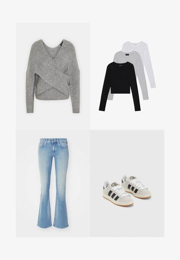Maglione avvolgente grigio con scollatura a V profonda, maniche lunghe e texture a coste. Realizzato in un morbido materiale in maglia con un design asimmetrico a strati.; Tre magliette a maniche lunghe impilate: nera, grigia e bianca. Ognuna ha un colletto rotondo e un design accorciato con tessuto morbido e leggero.; Jeans a campana blu chiaro in denim sbiadito con cinque tasche, zip sul fronte e passanti per cintura. Il tessuto ha una finitura liscia e lievemente texturizzata.; Sneakers in suede grigio con lacci bianchi, strisce nere e suola in gomma bianca. Presentano un logo circolare sulla linguetta e una suola in gomma.