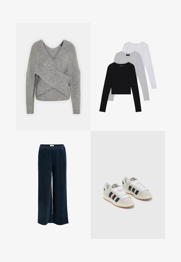 Grau umwickelter Pullover mit tiefem V-Ausschnitt, langen Ärmeln und gerippter Textur. Hergestellt aus einem weichen Strickmaterial mit einem geschichteten, asymmetrischen Design.; Drei langärmelige Oberteile gestapelt: schwarz, grau und weiß. Jedes hat einen runden Halsausschnitt und ein kurzes Design aus glattem, leichtem Stoff.; Hüfthose aus einem strukturierten Cord-Stoff in Marineblau mit einem elastischen Bund und seitlichen Eingrifftaschen.; Graue Wildledersneaker mit weißen Schnürsenkeln, schwarzen Streifen und einer weißen Gummisohle. Merkmale sind ein kreisförmiges Logo auf der Zunge und eine Gummisohle.