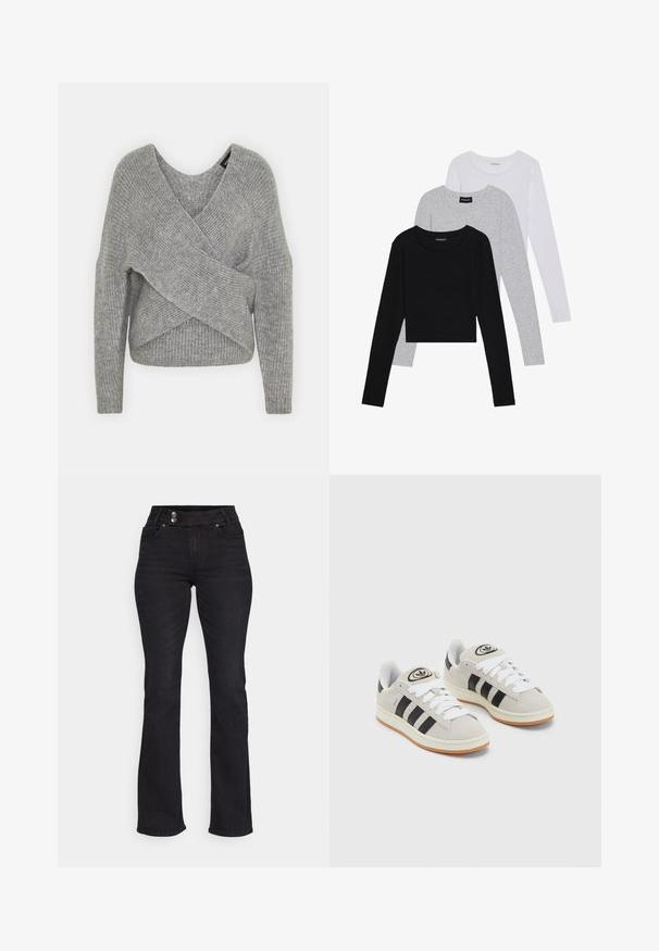 Gray wrap sweater with a deep V-neck, long sleeves, and ribbed texture. Made from a soft knit material with a layered, asymmetrical design.; Three long-sleeve tops stacked: black, grey, and white. Each has a round neckline and a cropped design with smooth, lightweight fabric.; Black denim flared jeans with a high waist, two front pockets, and contrasting metal buttons. Smooth texture with slight stretch.; Gray suede sneakers with white laces, black stripes, and a white rubber sole. Features a circular logo on the tongue and a gum sole.