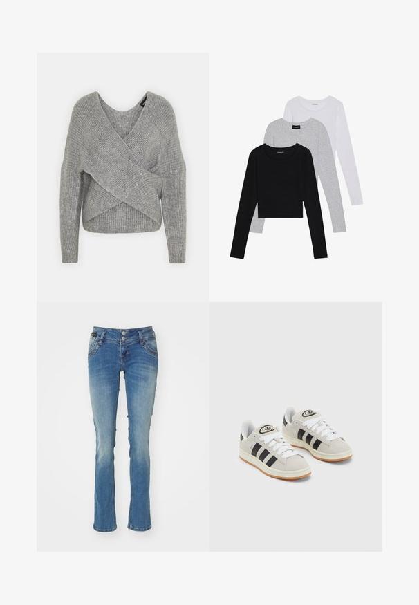 Hallide hallhargus, sügava V-kaelusega, pikkade varrukatega ja ribatrepiga. Valmistatud pehmest kudumismetallist, millel on kihiline, asümmeetriline disain.; Kolm pikkade varrukatega toppi, mis on üksteise peale asetatud: must, hall ja valge. Igal ühel on ümar kaelus ja lühike disain, valmistatud siledast, kergekaalulisest kangast.; Hallitan sinised teksad, millel on kerge pleekimine, lai aluspüks, kahe nööbiga kinnitus, klassikaline viie tasku disain ja peened õmblusdetailid.; Hallid hallid nahkrennid valgete paeltega, mustade triipudega ja valge kummitaldiga. Omab ümmargust logo keeles ja kummitalda.