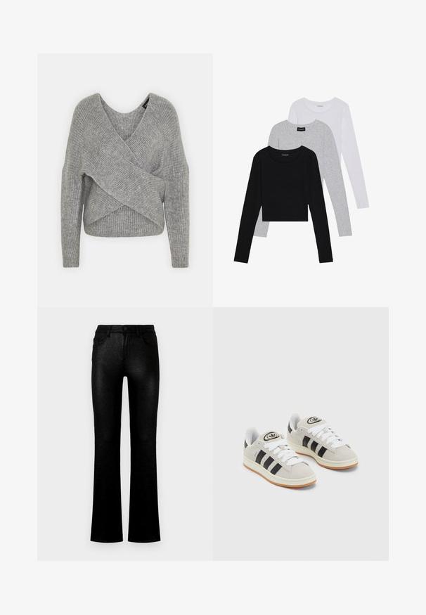 Sivý cardigan s hlbokým V- výstrihom, dlhými rukávmi a rebrovanou textúrou. Vyrobený z mäkkého pleteného materiálu s viacvrstvovým, asymetrickým dizajnom.; Tričko s dlhým rukávom v troch farbách: čiernej, sivej a bielej. Každé má okrúhly výstrih a skrátený strih vyrobený z hladkej, ľahkej tkaniny.; Čierne rozšírené džínsy z lesklého, textúrovaného materiálu. Majú predné vrecká, zapínanie na gombík a klasický päťvreckový dizajn.; Sivé semišové tenisky s bielymi šnúrkami, čiernymi pruhmi a bielou gumovou podrážkou. Obsahujú okrúhly logo na jazyku a gumenú podrážku.