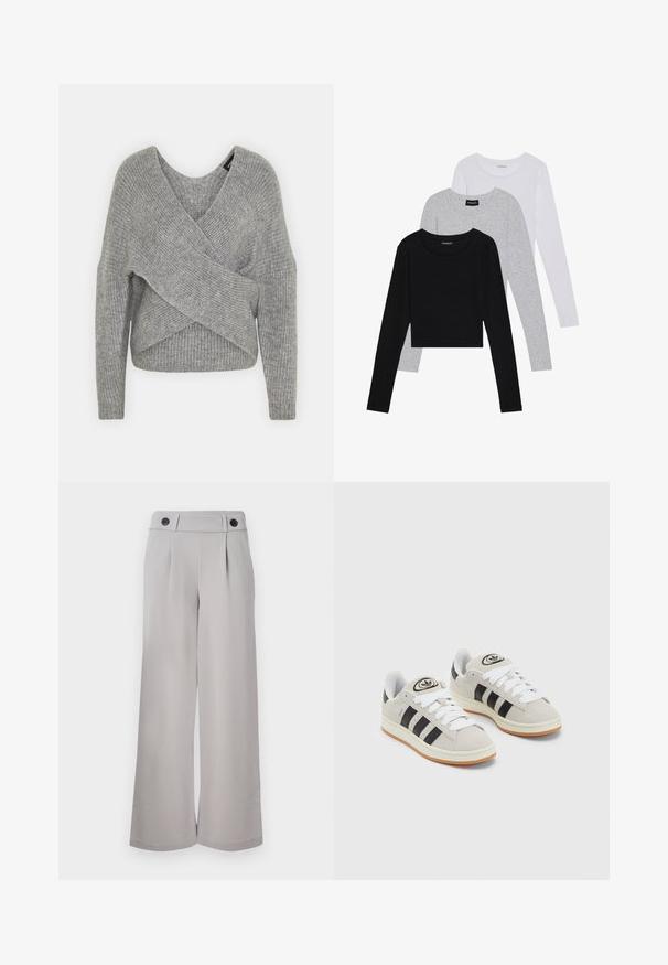 Šedý svetr s volnějším V-výstřihem, dlouhými rukávy a žebrovanou strukturou. Vyrobeno z měkké pleteniny s vrstveným, asymetrickým designem.; Tři trička s dlouhým rukávem naskládaná na sobě: černé, šedé a bílé. Každé má kulatý výstřih a kratší střih z hladkého, lehkého materiálu.; Světle šedé kalhoty s širokými nohavicemi vyrobené z hladkého materiálu, se plochým předním dílem, dvěma sklady a dvěma černými knoflíky na pase.; Šedé semišové tenisky s bílými tkaničkami, černými pruhy a bílou gumovou podrážkou. Mají kulaté logo na jazyku a gumovou podrážku.