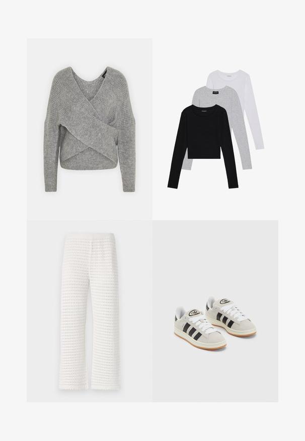 Grå omslagssweater med dyp V-hals, lange ermer og ribbestruktur. Laget av et mykt strikket materiale med et lagdelt, asymmetrisk design.; Tre lange ermer t-skjorter stablet: svart, grå og hvit. Hver har en rund hals og et kort design med glatt, lett stoff.; Hvite teksturerte bukser med et vaffelmønster, med en stretchy midje og en bred ben-Design med bølgede kanter nederst.; Grå semsket sneakers med hvite lisser, svarte striper og en hvit gummisåle. Har en sirkulær logo på tungen og en gummisåle.