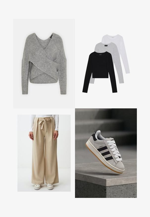 Grau umwickelter Pullover mit tiefem V-Ausschnitt, langen Ärmeln und gerippter Textur. Hergestellt aus einem weichen Strickmaterial mit einem geschichteten, asymmetrischen Design.; Drei langärmelige Oberteile gestapelt: schwarz, grau und weiß. Jedes hat einen runden Halsausschnitt und ein kurzes Design aus glattem, leichtem Stoff.; Beige weit geschnittene Hose mit gebundenem Bund, die eine glatte Textur und ein fließendes Design aufweist. Getragen mit weißen Sneakers.; Grauer Adidas Campus Sneaker mit schwarzen Streifen und weißen Schnürsenkeln, der über einer Betonmauer schwebt, mit Treppen im Hintergrund.