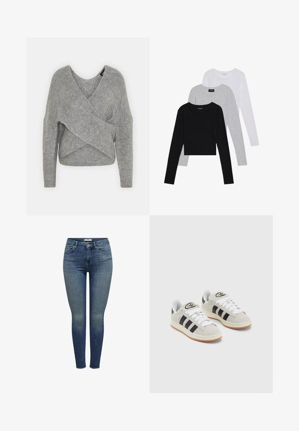 Szürke, mély V kivágású, hosszú ujjú kötött pulóver, bordás textúrával. Puha kötött anyagból készült, réteges, aszimmetrikus dizájnnal.; Három hosszú ujjú póló egymásra rakva: fekete, szürke és fehér. Mindegyiknek kerek nyaka van, és rövidített fazonnal rendelkezik, sima, könnyű anyagból készült.; Karcsú kék farmernadrág, közepes derékmagassággal, elülső zsebekkel és géppel töredezett széllel. Az anyagnak finom, kopott hatása van.; Szürke velúr sportcipők fehér fűzővel, fekete csíkokkal és fehér gumitalppal. A nyelvén kör alakú logó található, illetve a talpa színes gumi.