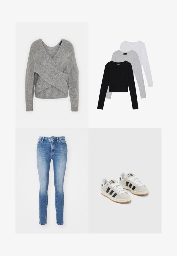 Gray wrap sweater with a deep V-neck, long sleeves, and ribbed texture. Made from a soft knit material with a layered, asymmetrical design.; Three long-sleeve tops stacked: black, grey, and white. Each has a round neckline and a cropped design with smooth, lightweight fabric.; Skinny jeans in light blue denim, featuring a classic five-pocket design, a button closure, and slight fading on the thighs for texture.; Gray suede sneakers with white laces, black stripes, and a white rubber sole. Features a circular logo on the tongue and a gum sole.