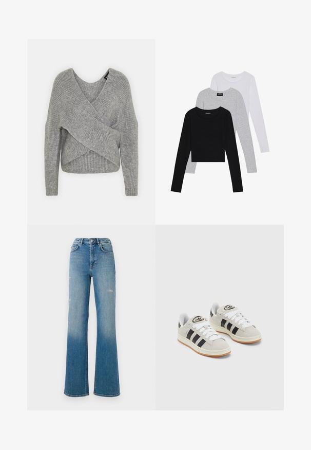 Pelēka apvalka džemperis ar dziļu V veida kakla izgriezumu, garām piedurknēm un ribu tekstūru. Izgatavots no mīksta adījuma materiāla ar slāņotu, asimetrisku dizainu.; Trīs garām piedurknēm veidotas augšdaļas, sakrautās: melna, pelēka un balta. Katram ir noapaļots kakla izgriezums un īsa dizaina forma ar gludu, vieglu audumu.; Augstās jostas zilas džinsu bikses ar nelielu nolietojumu uz augšstilbiem, piecu kabatu stils un ar paplatinātiem kājām.; Pelēkas zamšādas kedas ar baltām saites, melnām svītrām un baltu gumijas zoli. Raksturīga apļa logo uz mēles un gumijas zole.