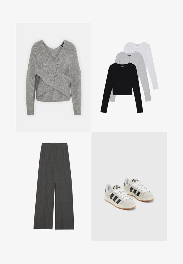 Pullover griș cu un decolteu adânc în V, mâneci lungi și textură cu ochiuri. Fabricat dintr-un material tricotat moale, cu un design stratificat și asimetric.; Trei bluze cu mânecă lungă așezate: neagră, gri și albă. Fiecare are un guler rotund și un design scurt, realizat dintr-un material fin și ușor.; Pantaloni cu picioare largi dintr-o țesătură ribbed de culoare gri cărbune, având o talie înaltă și dungi verticale pentru textură și detaliu.; Adidași din suede gri cu șireți albi, dungi negre și talpă din cauciuc alb. Prezintă un logo circular pe limbă și o talpă din cauciuc.