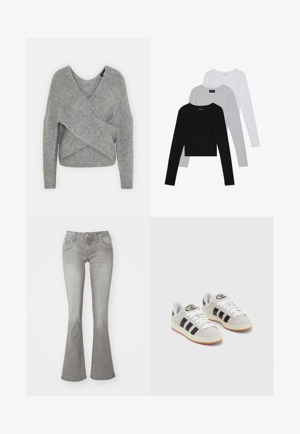 Hallide hallhargus, sügava V-kaelusega, pikkade varrukatega ja ribatrepiga. Valmistatud pehmest kudumismetallist, millel on kihiline, asümmeetriline disain.; Kolm pikkade varrukatega toppi, mis on üksteise peale asetatud: must, hall ja valge. Igal ühel on ümar kaelus ja lühike disain, valmistatud siledast, kergekaalulisest kangast.; Hallitushedased teksad, millel on keskmine salje, ees taskud ja nööbike, valmistatud sujuva tekstuuriga denimpangast.; Hallid hallid nahkrennid valgete paeltega, mustade triipudega ja valge kummitaldiga. Omab ümmargust logo keeles ja kummitalda.