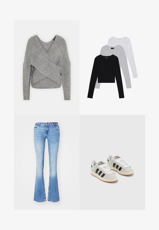 Pelēka apvalka džemperis ar dziļu V veida kakla izgriezumu, garām piedurknēm un ribu tekstūru. Izgatavots no mīksta adījuma materiāla ar slāņotu, asimetrisku dizainu.; Trīs garām piedurknēm veidotas augšdaļas, sakrautās: melna, pelēka un balta. Katram ir noapaļots kakla izgriezums un īsa dizaina forma ar gludu, vieglu audumu.; Gai zilu flared džinsi ar nodilušu mazgāšanu, kas aprīkoti ar pogu aizdari, piecām kabatām un taisnu piegriezumu no jostas līdz flared aploksnēm.; Pelēkas zamšādas kedas ar baltām saites, melnām svītrām un baltu gumijas zoli. Raksturīga apļa logo uz mēles un gumijas zole.