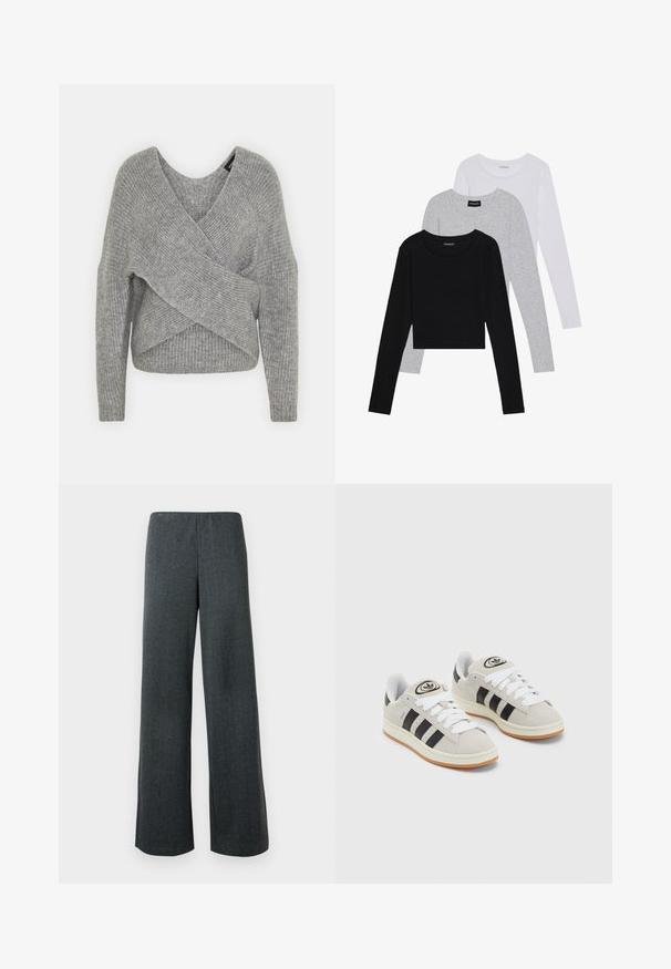 Hallide hallhargus, sügava V-kaelusega, pikkade varrukatega ja ribatrepiga. Valmistatud pehmest kudumismetallist, millel on kihiline, asümmeetriline disain.; Kolm pikkade varrukatega toppi, mis on üksteise peale asetatud: must, hall ja valge. Igal ühel on ümar kaelus ja lühike disain, valmistatud siledast, kergekaalulisest kangast.; Laiad püksid tumesinises tweed kangas. Omab külgsuluseid helmel ja elastset vööd mugava istuvuse tagamiseks.; Hallid hallid nahkrennid valgete paeltega, mustade triipudega ja valge kummitaldiga. Omab ümmargust logo keeles ja kummitalda.