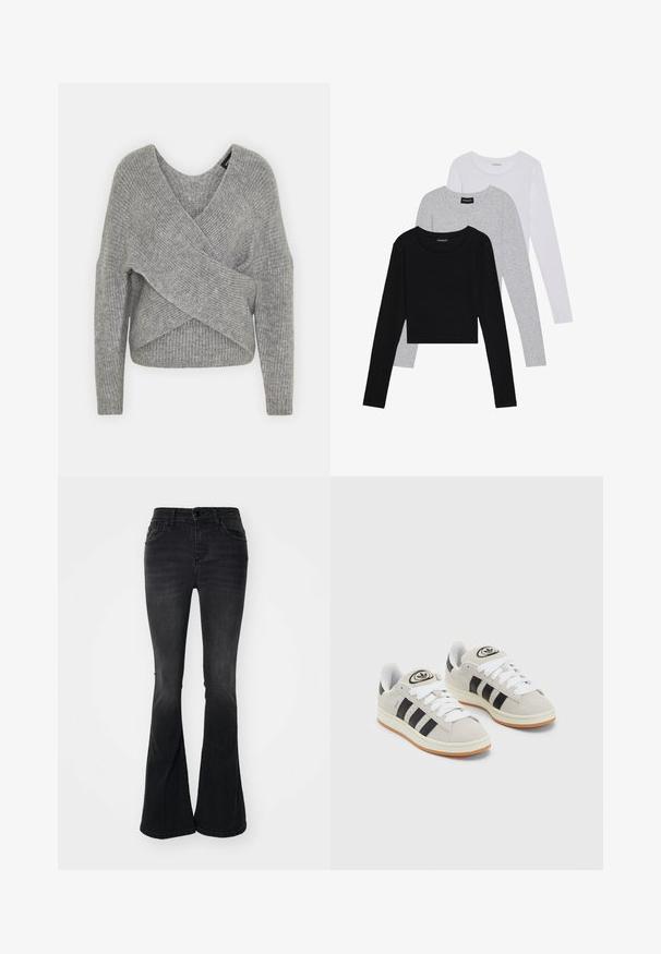 Harmaa neulejakku, jossa on syvä V-kaula-aukko, pitkät hihat ja ribboitu pinta. Valmistettu pehmeästä neuloksesta, jossa on kerroksellinen ja epäsymmetrinen muotoilu.; Kolme pitkähihasta paita päällekkäin: musta, harmaa ja valkoinen. Jokaisessa on pyöreä pääntie ja lyhennetty muotoilu, jossa on sileä ja kevyt kangas.; Mustat leveälahkeet farkut, joissa on korkea vyötärö, etutaskut, nappikiinnitys ja siisti viimeistely helmassa.; Harmaat mokkasiinikenkä, joissa on valkoiset nauhat, mustat raidat ja valkoinen kumipohja. Kantajassa on pyöreä logo ja vaaleanruskea pohja.