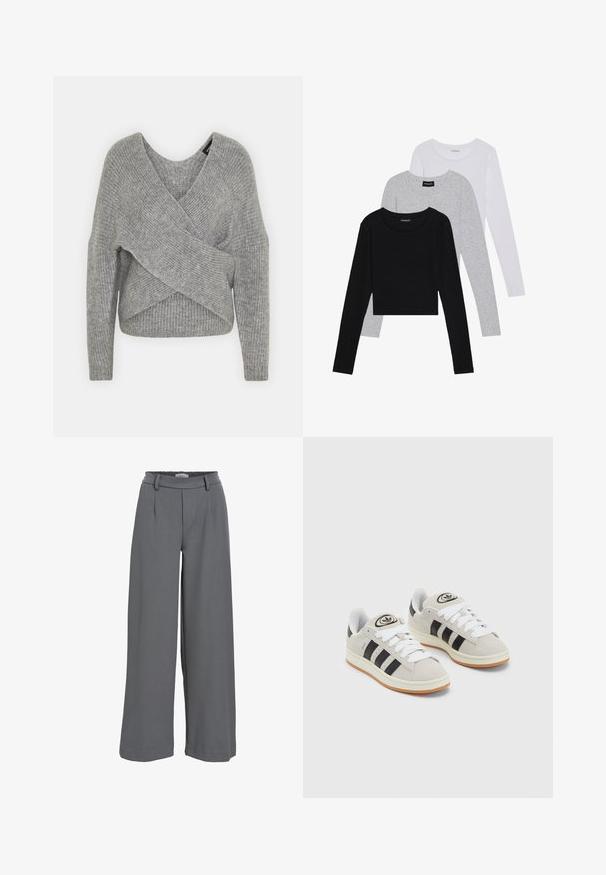 Gray wrap sweater with a deep V-neck, long sleeves, and ribbed texture. Made from a soft knit material with a layered, asymmetrical design.; Three long-sleeve tops stacked: black, grey, and white. Each has a round neckline and a cropped design with smooth, lightweight fabric.; Wide-leg trousers in light grey fabric, featuring a smocked waistband, front pleats, and a smooth, soft texture.; Gray suede sneakers with white laces, black stripes, and a white rubber sole. Features a circular logo on the tongue and a gum sole.