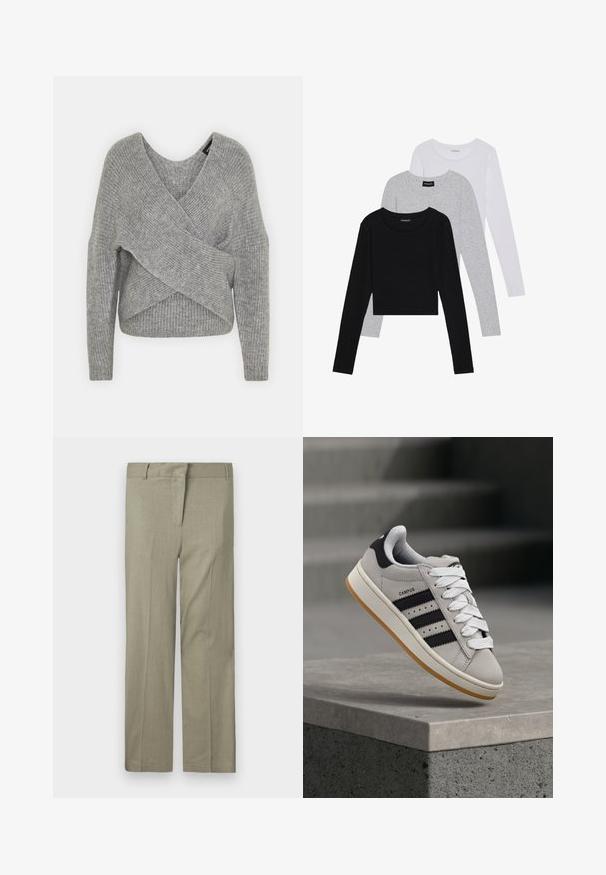 Gray wrap sweater with a deep V-neck, long sleeves, and ribbed texture. Made from a soft knit material with a layered, asymmetrical design.; Three long-sleeve tops stacked: black, grey, and white. Each has a round neckline and a cropped design with smooth, lightweight fabric.; Light olive green trousers, tailored fit, featuring a flat front, two side pockets, and a smooth, textured fabric. No visible patterns or accents.; Gray Adidas Campus sneaker with black stripes and white laces floating above a concrete ledge with stairs in the background.