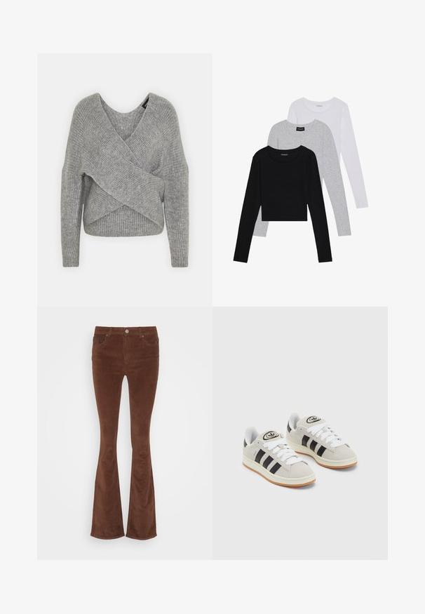 Hallide hallhargus, sügava V-kaelusega, pikkade varrukatega ja ribatrepiga. Valmistatud pehmest kudumismetallist, millel on kihiline, asümmeetriline disain.; Kolm pikkade varrukatega toppi, mis on üksteise peale asetatud: must, hall ja valge. Igal ühel on ümar kaelus ja lühike disain, valmistatud siledast, kergekaalulisest kangast.; Pruunid kašmiirsest flared teksapüksid, millel on sile tekstuur, viis taskut ja üks metallnupp vöökoha peal.; Hallid hallid nahkrennid valgete paeltega, mustade triipudega ja valge kummitaldiga. Omab ümmargust logo keeles ja kummitalda.