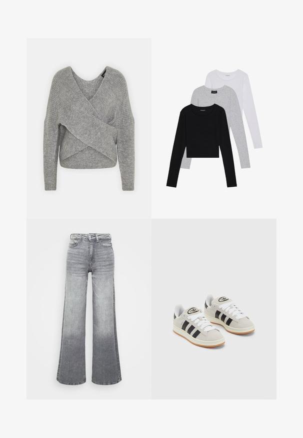 Grå omslagströja med djup V-ringning, långa ärmar och ribbad struktur. Tillverkad av ett mjukt stickat material med en lager-på-lager, asymmetrisk design.; Tre långärmade tröjor staplade: svart, grå och vit. Var och en har en rund halsringning och en kort design med mjukt, lätt material.; Grå denimbyxor med vida ben och en ljus till mörk gradient, med hög midja, femficksdesign och en klassisk knäppning.; Grå mocka sneakers med vita snören, svarta ränder och en vit gummisula. Har en rund logo på tungan och en gummisula.