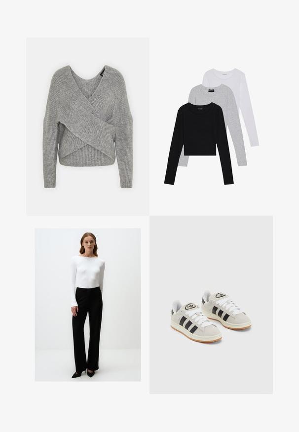 Grijze wikkeltrui met een diepe V-hals, lange mouwen en ribbelstructuur. Gemaakt van een zachte gebreide stof met een gelaagd, asymmetrisch ontwerp.; Drie langmouwige tops gestapeld: zwart, grijs en wit. Elke top heeft een ronde halslijn en een cropped ontwerp van soepel, lichtgewicht materiaal.; Witte ribbelige top met lange mouwen, gecombineerd met hoge zwarte brede broek en zwarte puntige hakken, minimalistisch ontwerp, geen patronen.; Grijze nubucklederen sneakers met witte veters, zwarte strepen en een witte rubberen zool. Bevat een rond logo op de tong en een gumzool.