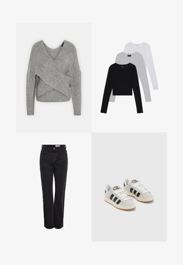 Suéter cinza envolvente com um decote em V profundo, mangas longas e textura canelada. Feito de um material de malha suave com um design assimétrico em camadas.; Três camisetas de manga longa empilhadas: preta, cinza e branca. Cada uma tem um decote redondo e um design cropped, feitas de um tecido leve e suave.; Jeans pretos de cintura alta e perna reta com botão frontal e bolsos, passadores de cinto e desbotamento subtil num fundo branco.; Tênis de camurça cinza com atacadores brancos, riscas pretas e uma sola de borracha branca. Apresenta um logótipo circular na língua e uma sola de borracha.