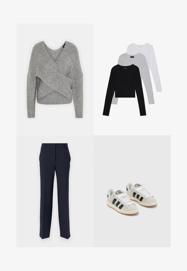 Grau umwickelter Pullover mit tiefem V-Ausschnitt, langen Ärmeln und gerippter Textur. Hergestellt aus einem weichen Strickmaterial mit einem geschichteten, asymmetrischen Design.; Drei langärmelige Oberteile gestapelt: schwarz, grau und weiß. Jedes hat einen runden Halsausschnitt und ein kurzes Design aus glattem, leichtem Stoff.; Marineblaue maßgeschneiderte Hosen mit geradem Schnitt, glatter Textur und flacher Vorderseite. Verfügt über zwei Seitentaschen und ein klassisches Taillenbanddesign.; Graue Wildledersneaker mit weißen Schnürsenkeln, schwarzen Streifen und einer weißen Gummisohle. Merkmale sind ein kreisförmiges Logo auf der Zunge und eine Gummisohle.