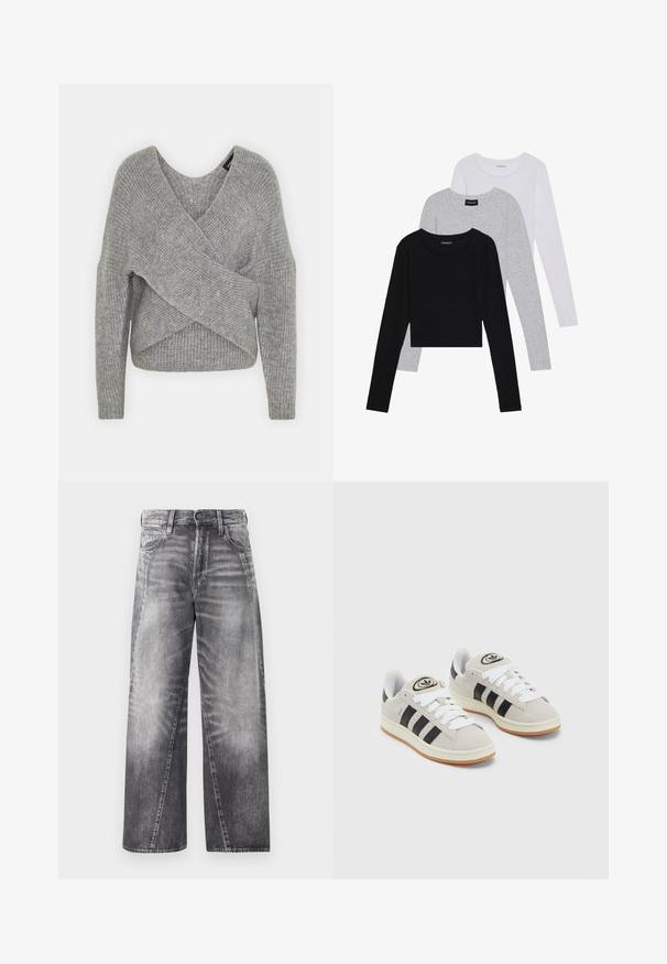 Siva ovitek pulover z globokim V-izrezom, dolgimi rokavi in ribasto teksturo. Narejen iz mehke pletene tkanine z plastnim, asimetričnim dizajnom.; Tri dolga rokava zložena: črna, siva in bela. Vsaka ima okroglo izreznico in skrajšan dizajn z gladkim, lahkotnim materialom.; Široke kavbojke iz blede sive denima. Vključujejo klasično zapiranje z gumbom in zadrgo, pet žepov ter subtilne detajle lihanja.; Sive športne čevlje iz semiša z belimi vezalkami, črnimi črtami in belim gumijastim podplatom. Imajo okroglo oznako na ježku in podplat iz gume.