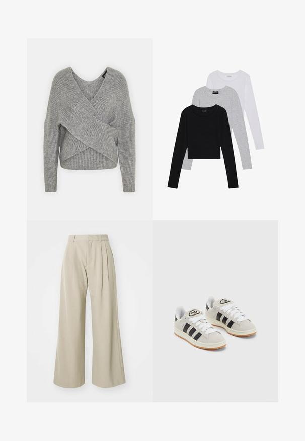 Pelēka apvalka džemperis ar dziļu V veida kakla izgriezumu, garām piedurknēm un ribu tekstūru. Izgatavots no mīksta adījuma materiāla ar slāņotu, asimetrisku dizainu.; Trīs garām piedurknēm veidotas augšdaļas, sakrautās: melna, pelēka un balta. Katram ir noapaļots kakla izgriezums un īsa dizaina forma ar gludu, vieglu audumu.; GAP TROUSER - Auduma bikses - medium cool brown; Pelēkas zamšādas kedas ar baltām saites, melnām svītrām un baltu gumijas zoli. Raksturīga apļa logo uz mēles un gumijas zole.