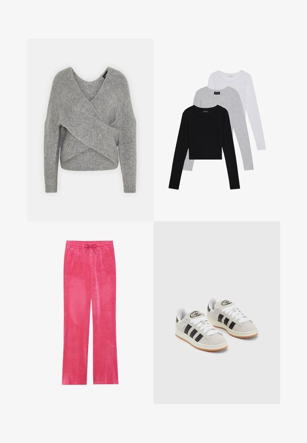 Pullover griș cu un decolteu adânc în V, mâneci lungi și textură cu ochiuri. Fabricat dintr-un material tricotat moale, cu un design stratificat și asimetric.; Trei bluze cu mânecă lungă așezate: neagră, gri și albă. Fiecare are un guler rotund și un design scurt, realizat dintr-un material fin și ușor.; Pantaloni din catifea roz, cu un sistem de strângere în talie, două buzunare frontale, design cu picioare largi și o textură netedă.; Adidași din suede gri cu șireți albi, dungi negre și talpă din cauciuc alb. Prezintă un logo circular pe limbă și o talpă din cauciuc.