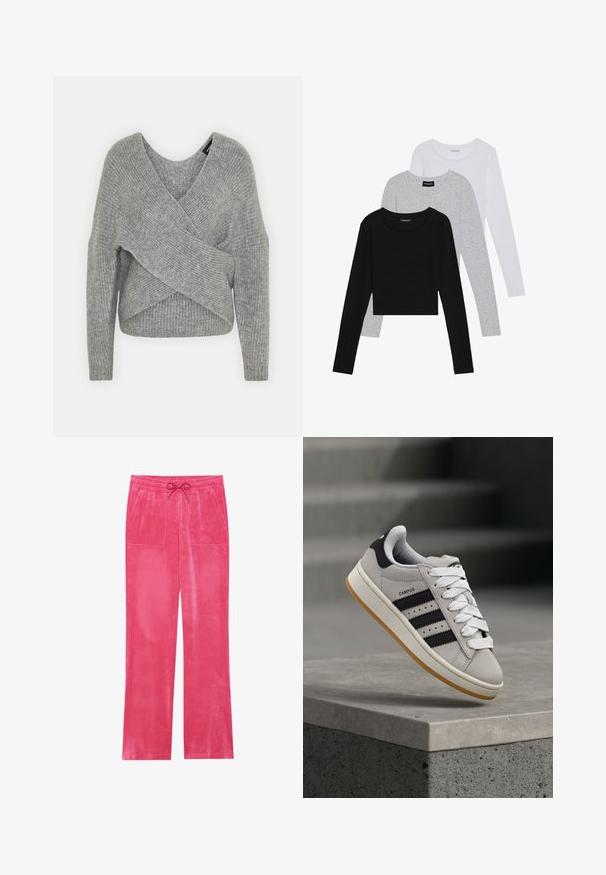 Szürke, mély V kivágású, hosszú ujjú kötött pulóver, bordás textúrával. Puha kötött anyagból készült, réteges, aszimmetrikus dizájnnal.; Három hosszú ujjú póló egymásra rakva: fekete, szürke és fehér. Mindegyiknek kerek nyaka van, és rövidített fazonnal rendelkezik, sima, könnyű anyagból készült.; Rózsaszín bársony nadrág, állítható derékrésszel, két elülső zsebbel, széles lábakkal és sima felszínnel.; Szürke Adidas Campus sneaker fekete csíkokkal és fehér fűzőkkel, amely egy beton korlát felett lebeg, háttérben lépcsőkkel.