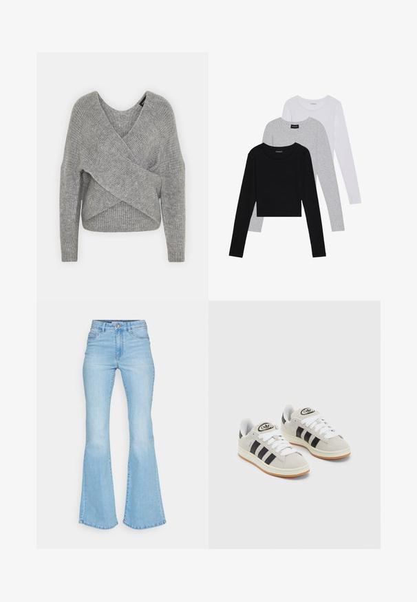 Grijze wikkeltrui met een diepe V-hals, lange mouwen en ribbelstructuur. Gemaakt van een zachte gebreide stof met een gelaagd, asymmetrisch ontwerp.; Drie langmouwige tops gestapeld: zwart, grijs en wit. Elke top heeft een ronde halslijn en een cropped ontwerp van soepel, lichtgewicht materiaal.; Lichtblauwe flared jeans van denim, met een hoge taille, voorzakken en een nette afwerking van de zoom met zichtbare stiksels.; Grijze nubucklederen sneakers met witte veters, zwarte strepen en een witte rubberen zool. Bevat een rond logo op de tong en een gumzool.