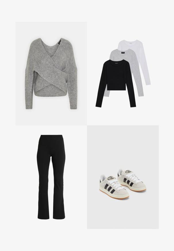 Pilkas aptraukiamas megztinis su giliu V formos iškirpimu, ilgomis rankovėmis ir riešutiniu tekstūru. Pagamintas iš minkštos megztos medžiagos su sluoksniuota, asimetrine konstrukcija.; Trijų ilgomis rankovėmis marškinėlių krūva: juodas, pilkas ir baltas. Kiekvienas turi apvalų iškirpimą ir trumpą dizainą, pagamintas iš lygaus, lengvo audinio.; Juodos platėjančios kelnės, pagamintos iš tamprios medžiagos. Su plačiu juosmeniu ir lygiu paviršiumi, sukurta taip, kad tvirtai priglustų aplink klubus.; Grynos zomšos sneakeriai su baltais raišteliais, juodomis juostelėmis ir balta gumine sole. Turintys apskritą logotipą ant liežuvėlio ir guminę sole.