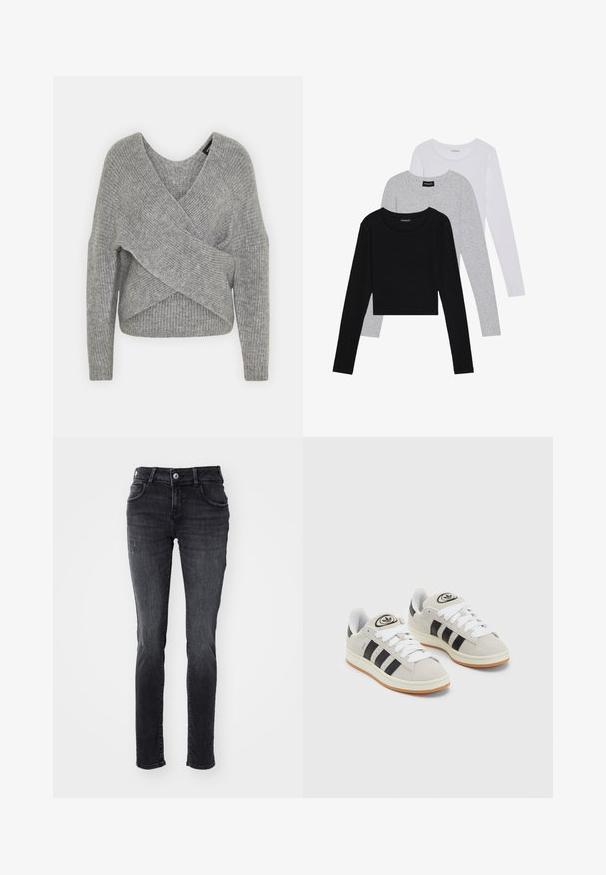 Suéter cinza envolvente com um decote em V profundo, mangas longas e textura canelada. Feito de um material de malha suave com um design assimétrico em camadas.; Três camisetas de manga longa empilhadas: preta, cinza e branca. Cada uma tem um decote redondo e um design cropped, feitas de um tecido leve e suave.; Calças skinny pretas com design de cinco bolsos, ligeira descoloração e detalhes desgastados na parte da frente. Feitas de tecido de denim com uma textura suave.; Tênis de camurça cinza com atacadores brancos, riscas pretas e uma sola de borracha branca. Apresenta um logótipo circular na língua e uma sola de borracha.