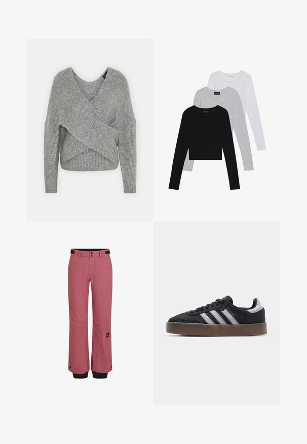 Grå indpakningssweater med dyb V-udskæring, lange ærmer og ribbet tekstur. Fremstillet i et blødt strikkemateriale med et lagdelt, asymmetrisk design.; Tre langærmede toppe stablet: sort, grå og hvid. Hver har en rund halsudskæring og et cropped design med glat, let stof.; Røde skibukser med en struktureret overflade, sorte elastiske manchetter ved anklerne, forlommer og et mærke på den nederste venstre ben.; Sorte sneakers med et strømlinet design, med tre hvide striber, en sort tunge og en tekstureret brun gummisål. Accenter af guldskrift.