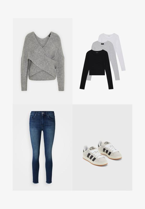 Pilkas aptraukiamas megztinis su giliu V formos iškirpimu, ilgomis rankovėmis ir riešutiniu tekstūru. Pagamintas iš minkštos megztos medžiagos su sluoksniuota, asimetrine konstrukcija.; Trijų ilgomis rankovėmis marškinėlių krūva: juodas, pilkas ir baltas. Kiekvienas turi apvalų iškirpimą ir trumpą dizainą, pagamintas iš lygaus, lengvo audinio.; Tamsiai mėlynos džinsinės liesos kelnės, su nusidėvėjusia priekiu, penkių kišenių dizainu ir žaliu apdailos kraštu ties kulkšna.; Grynos zomšos sneakeriai su baltais raišteliais, juodomis juostelėmis ir balta gumine sole. Turintys apskritą logotipą ant liežuvėlio ir guminę sole.