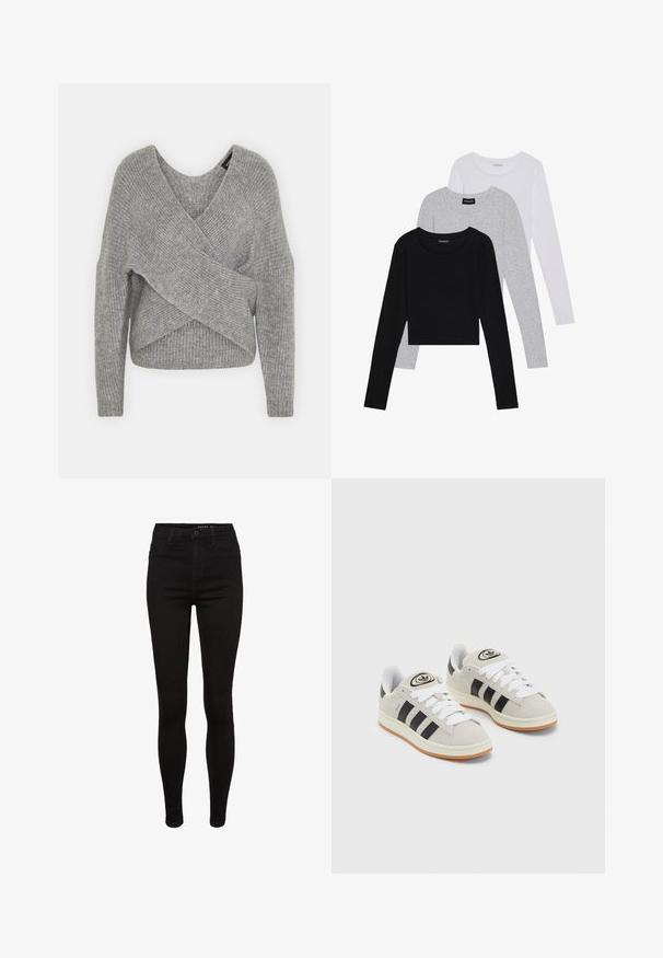 Suéter cinza envolvente com um decote em V profundo, mangas longas e textura canelada. Feito de um material de malha suave com um design assimétrico em camadas.; Três camisetas de manga longa empilhadas: preta, cinza e branca. Cada uma tem um decote redondo e um design cropped, feitas de um tecido leve e suave.; Jeans skinny de ganga preta com uma cintura alta, design de cinco bolsos, passantes para cinto e detalhes de costura sutis. Textura suave, forma ajustada.; Tênis de camurça cinza com atacadores brancos, riscas pretas e uma sola de borracha branca. Apresenta um logótipo circular na língua e uma sola de borracha.