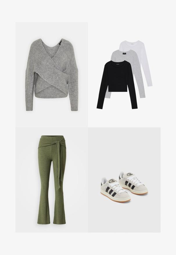 Grå indpakningssweater med dyb V-udskæring, lange ærmer og ribbet tekstur. Fremstillet i et blødt strikkemateriale med et lagdelt, asymmetrisk design.; Tre langærmede toppe stablet: sort, grå og hvid. Hver har en rund halsudskæring og et cropped design med glat, let stof.; Olivenfarvede bukser i et blødt stof med en bred bukseben design. Har en karakteristisk knude detalje i høj talje.; Grå ruskinds sneakers med hvide snørebånd, sorte striber og en hvid gummisål. Har et rundt logo på tungen og en gummisål.