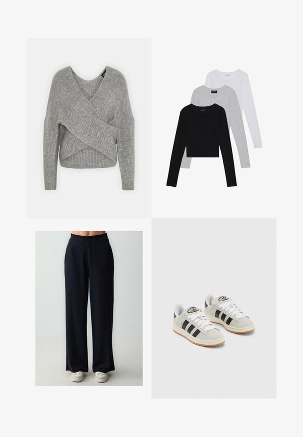 Szary sweter o luźnym kroju z głębokim dekoltem w kształcie litery V, długimi rękawami i prążkowaną teksturą. Wykonany z miękkiego materiału dzianinowego z warstwowym, asymetrycznym wzorem.; Trzy bluzki z długim rękawem ułożone jedna na drugiej: czarna, szara i biała. Każda z okrągłym dekoltem i skróconym fasonem, wykonana z gładkiego, lekkiego materiału.; Czarne spodnie o szerokich nogawkach z gładkiego materiału z elastycznym paskiem w talii, o prostym kroju i długości do ziemi.; Szare zamszowe trampki z białymi sznurówkami, czarnymi paskami i białą gumową podeszwą. Posiadają okrągłe logo na języku oraz gumową podeszwę.
