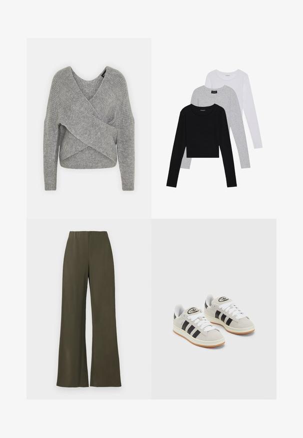 Grå omslagssweater med dyp V-hals, lange ermer og ribbestruktur. Laget av et mykt strikket materiale med et lagdelt, asymmetrisk design.; Tre lange ermer t-skjorter stablet: svart, grå og hvit. Hver har en rund hals og et kort design med glatt, lett stoff.; Olivenfargede vide bukser med elastisk liv, glatt stoff og ingen lommer, med et rent, minimalistisk design.; Grå semsket sneakers med hvite lisser, svarte striper og en hvit gummisåle. Har en sirkulær logo på tungen og en gummisåle.