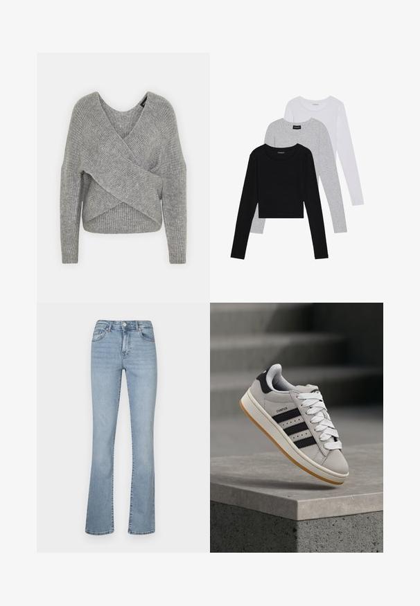 Szürke, mély V kivágású, hosszú ujjú kötött pulóver, bordás textúrával. Puha kötött anyagból készült, réteges, aszimmetrikus dizájnnal.; Három hosszú ujjú póló egymásra rakva: fekete, szürke és fehér. Mindegyiknek kerek nyaka van, és rövidített fazonnal rendelkezik, sima, könnyű anyagból készült.; Világoskék, bővülő szárú farmernadrág, magas derekú, cipzáras és gombos záródással, öt zsebbel, valamint enyhe kopással a szárakon.; Szürke Adidas Campus sneaker fekete csíkokkal és fehér fűzőkkel, amely egy beton korlát felett lebeg, háttérben lépcsőkkel.